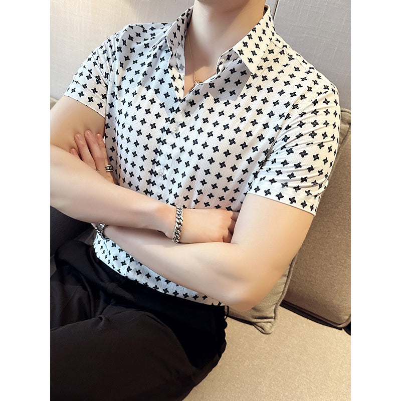 Mens Slim Fit Printed Business Short Sleeve Shirt
