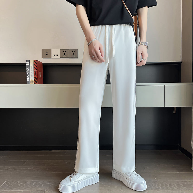 Men's Casual Straight Sports Button-down Nine-point Loose Vertical Pattern Pants