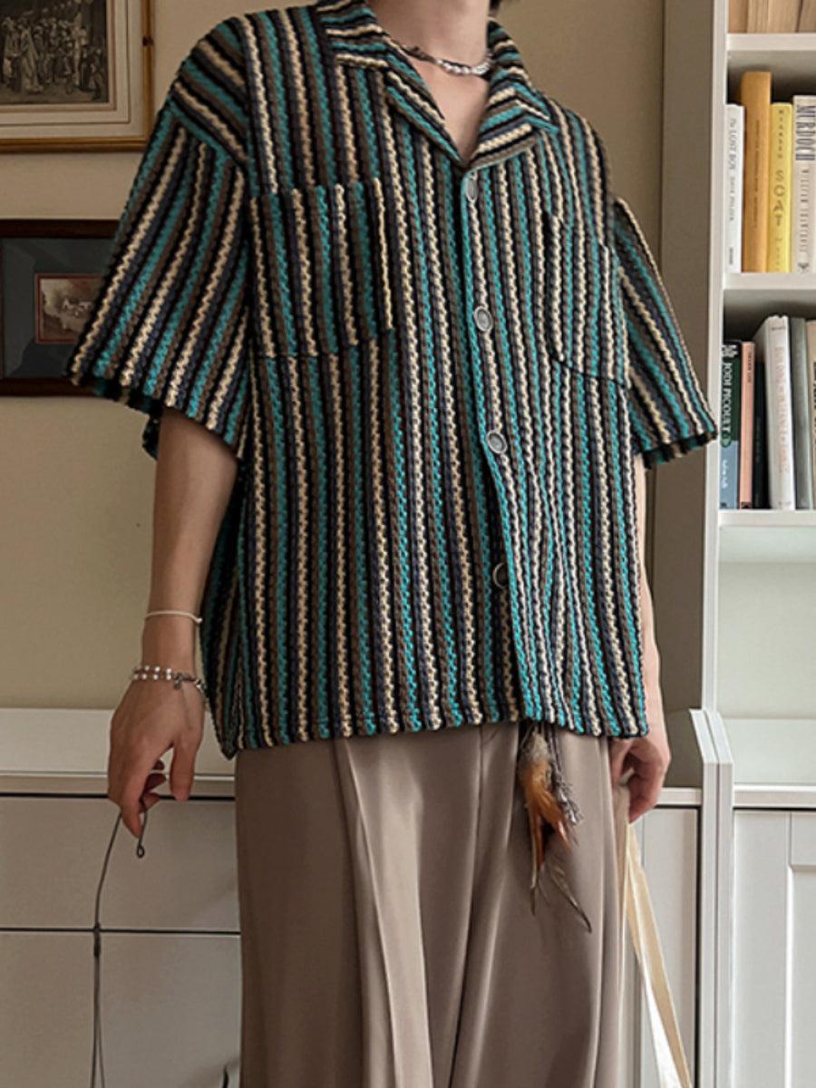 Striped Loose Casual Cuban Collar Shirt