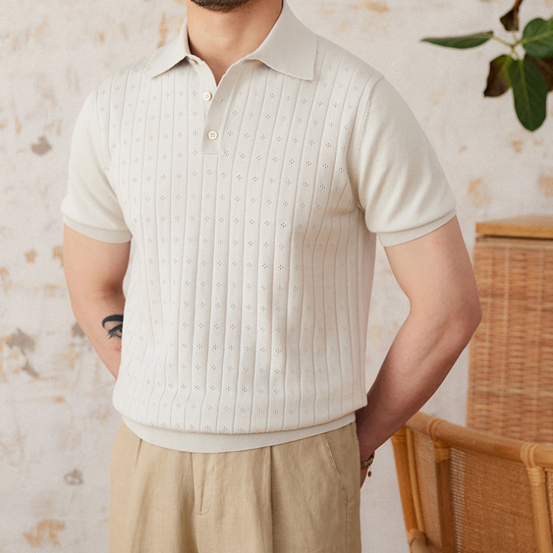 Vintage Lapel Pure Cotton Hollow POLO Shirt