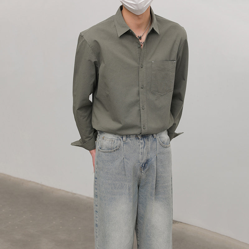 Solid Color Pointed Collar Casual Cotton Shirt