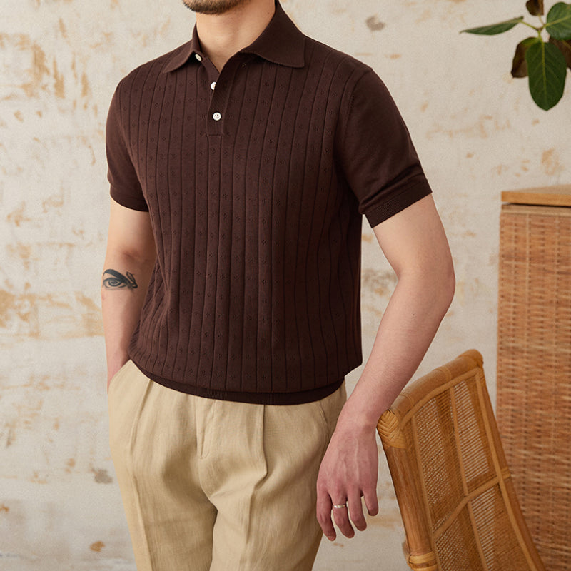 Vintage Lapel Pure Cotton Hollow POLO Shirt