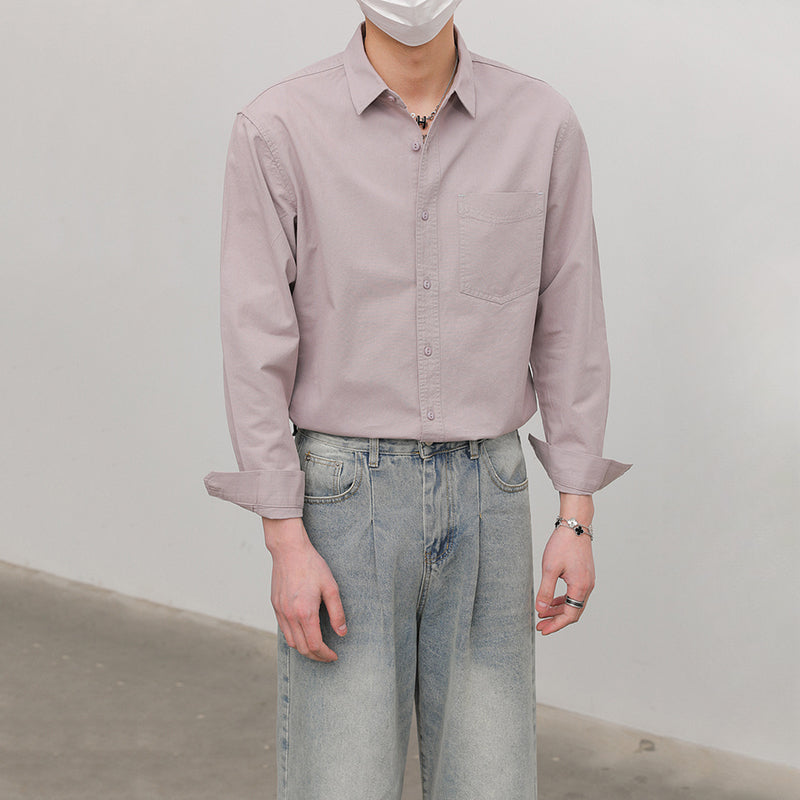 Solid Color Pointed Collar Casual Cotton Shirt