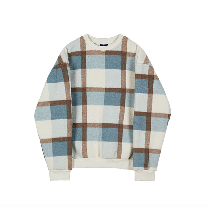 Men's Casual Round Neck Color Block Plaid Loose Sweatshirt