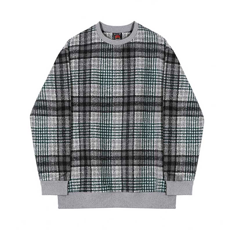 Men's Color Block Plaid Loose Round Neck Long Sleeve Retro Sweatshirt