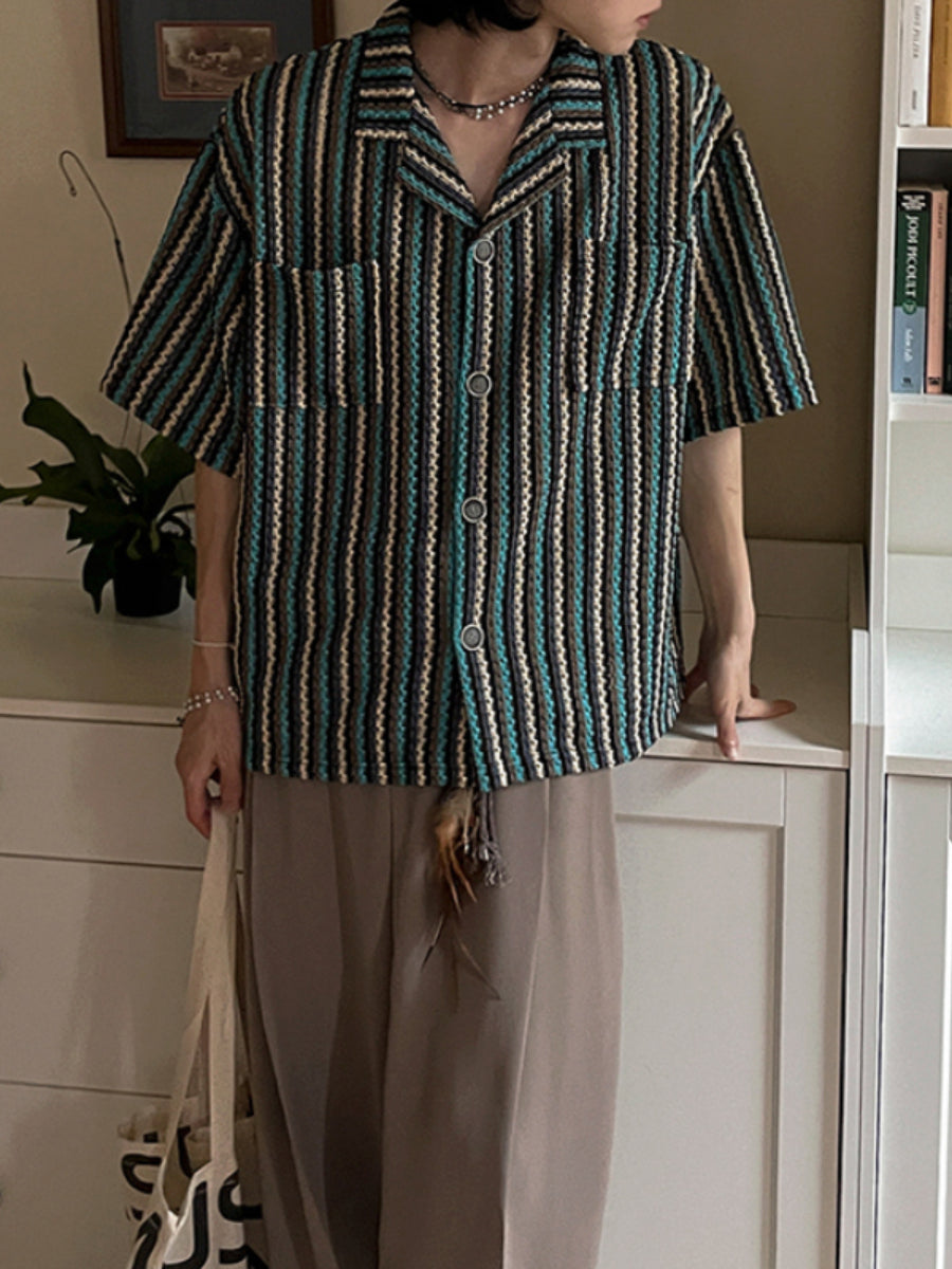 Striped Loose Casual Cuban Collar Shirt