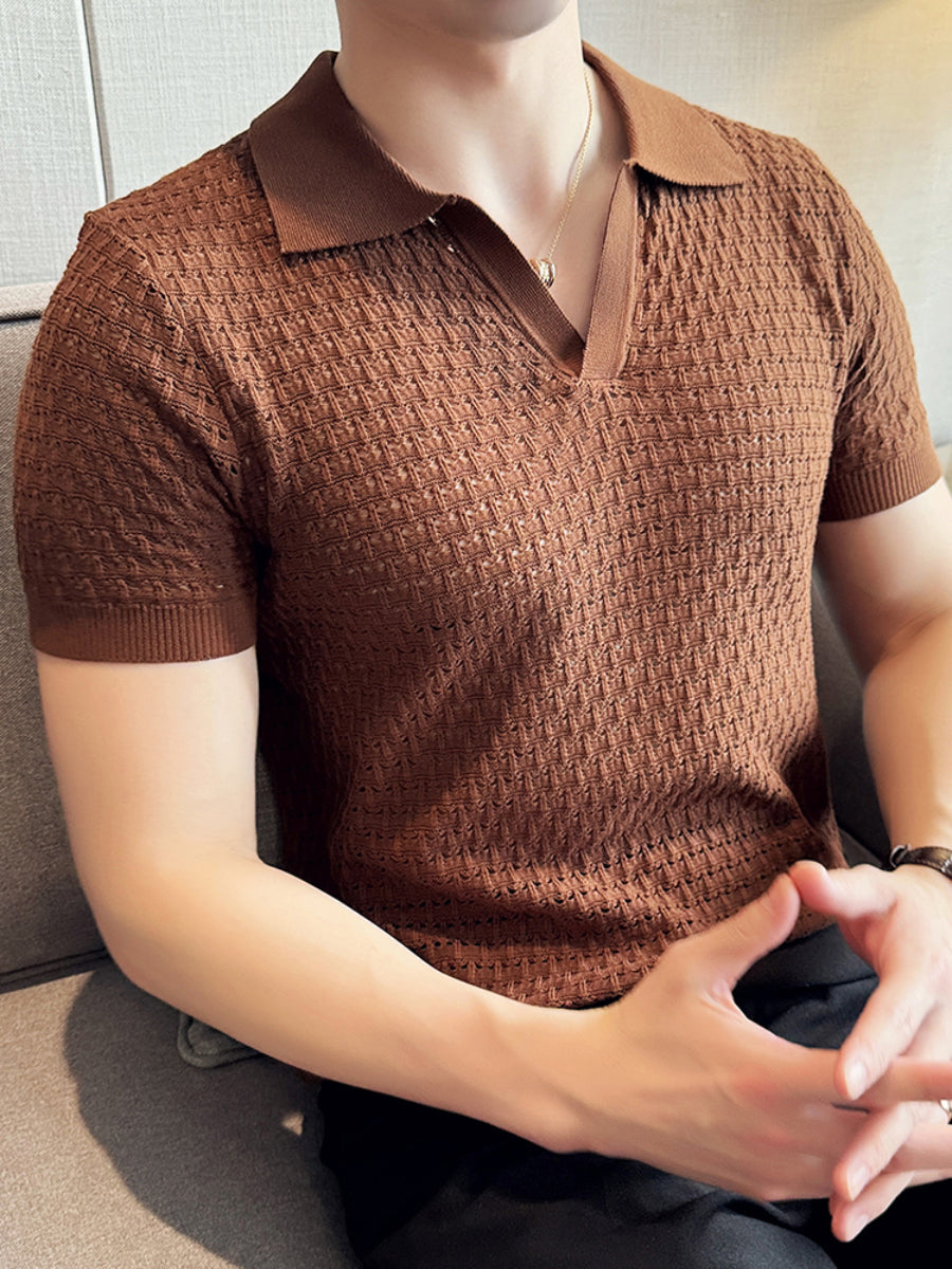 Knitted Hollow V-neck Polo Shirt