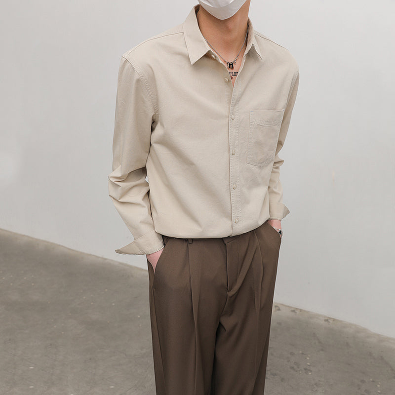 Solid Color Pointed Collar Casual Cotton Shirt