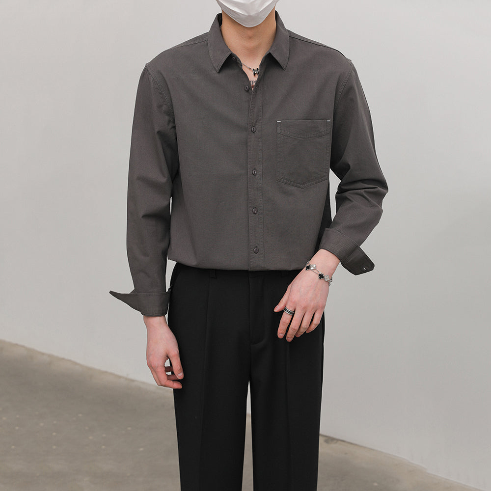 Solid Color Pointed Collar Casual Cotton Shirt