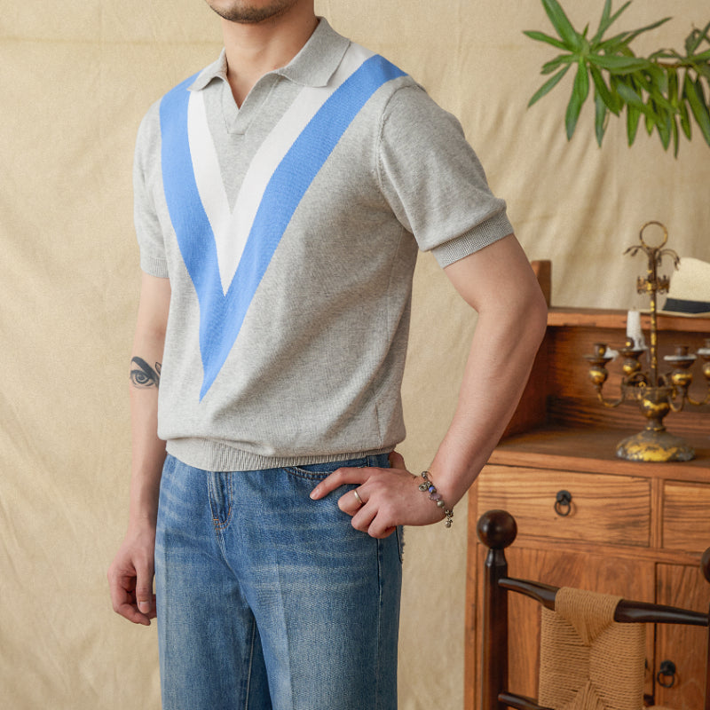 V-neck Casual Color-Block Knitted Shirt