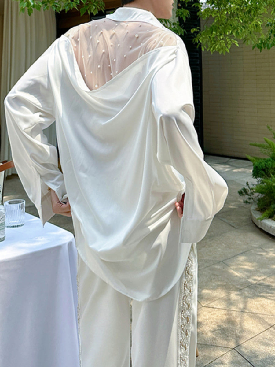 Mesh Beaded Satin Drape Shirt