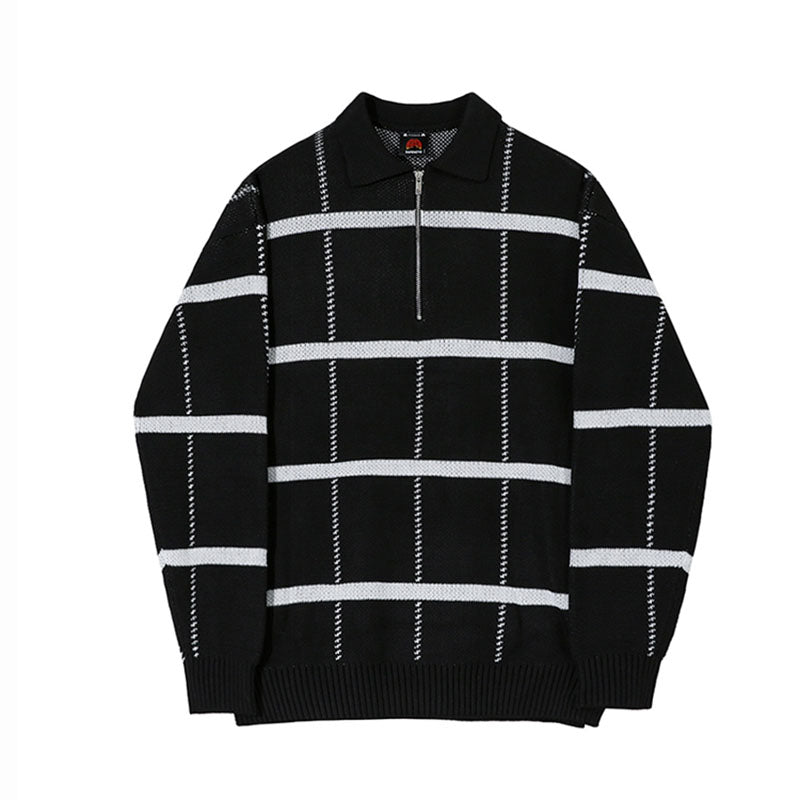 Men's Retro Lapel Plaid Loose Casual Sweater