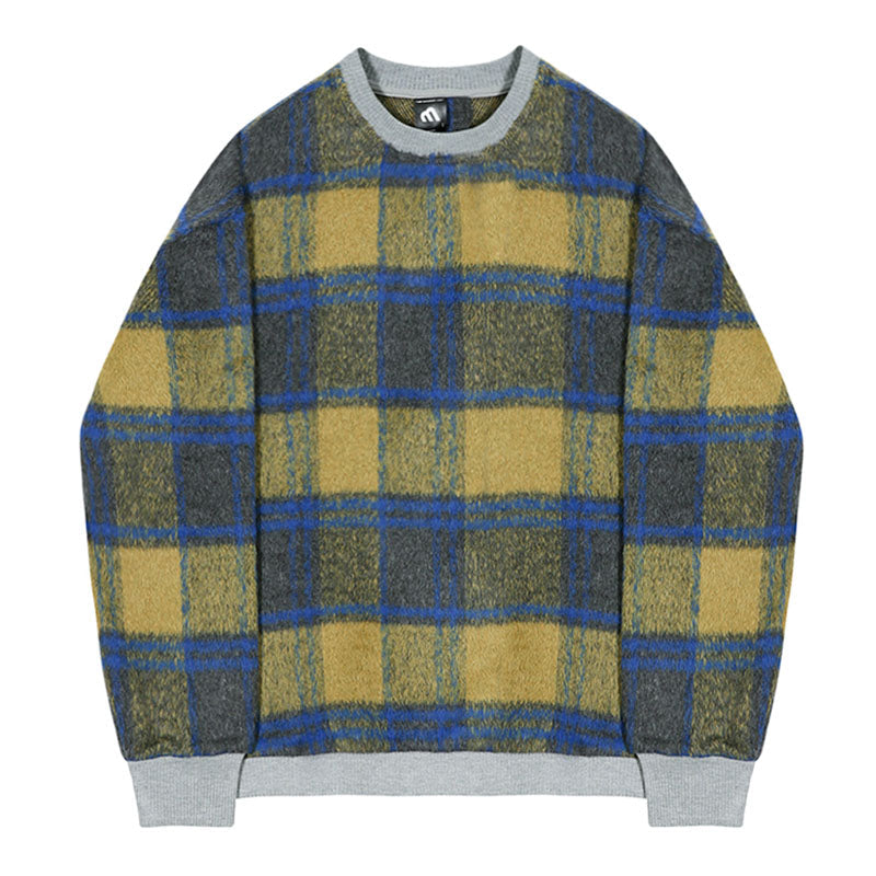 Men's Loose Spliced Round Neck Plaid Casual Sweatshirt