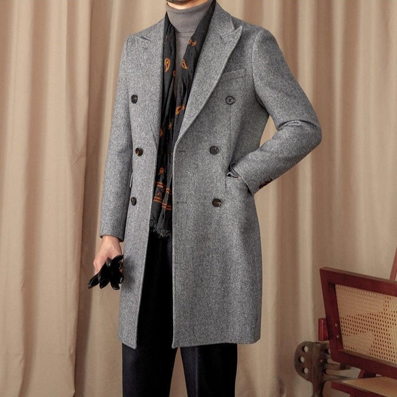 Mid-Length Double-Breasted Wool Blend Herringbone Coat