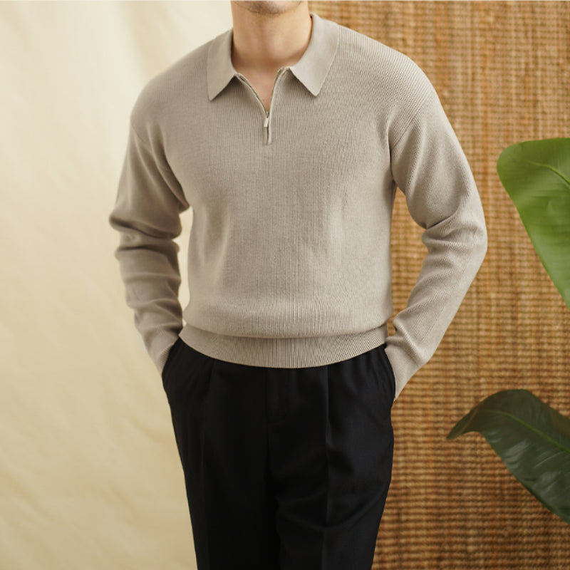 Men's Lapel Half Zip Sweater Casual Loose Knit Sweater