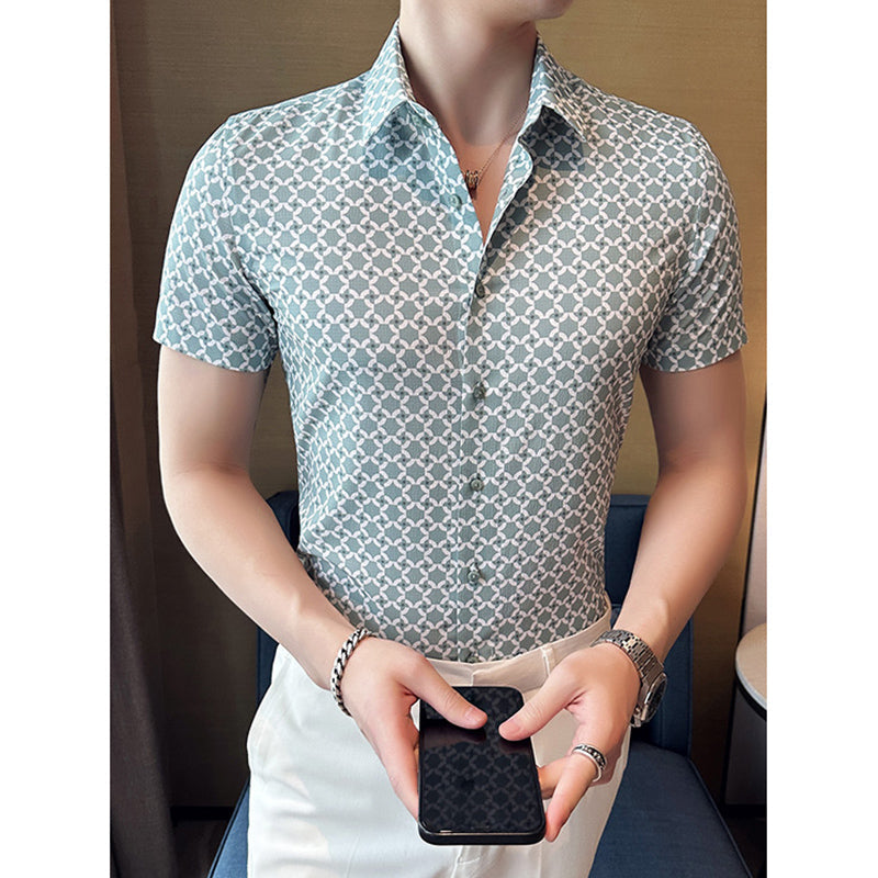 Mens Slim Fit Printed Business Short Sleeve Shirt
