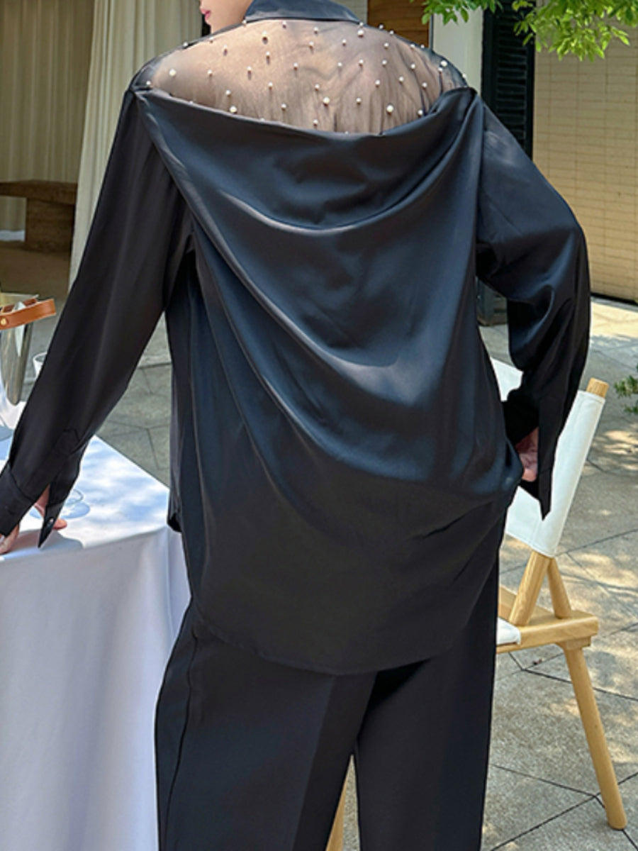 Mesh Beaded Satin Drape Shirt