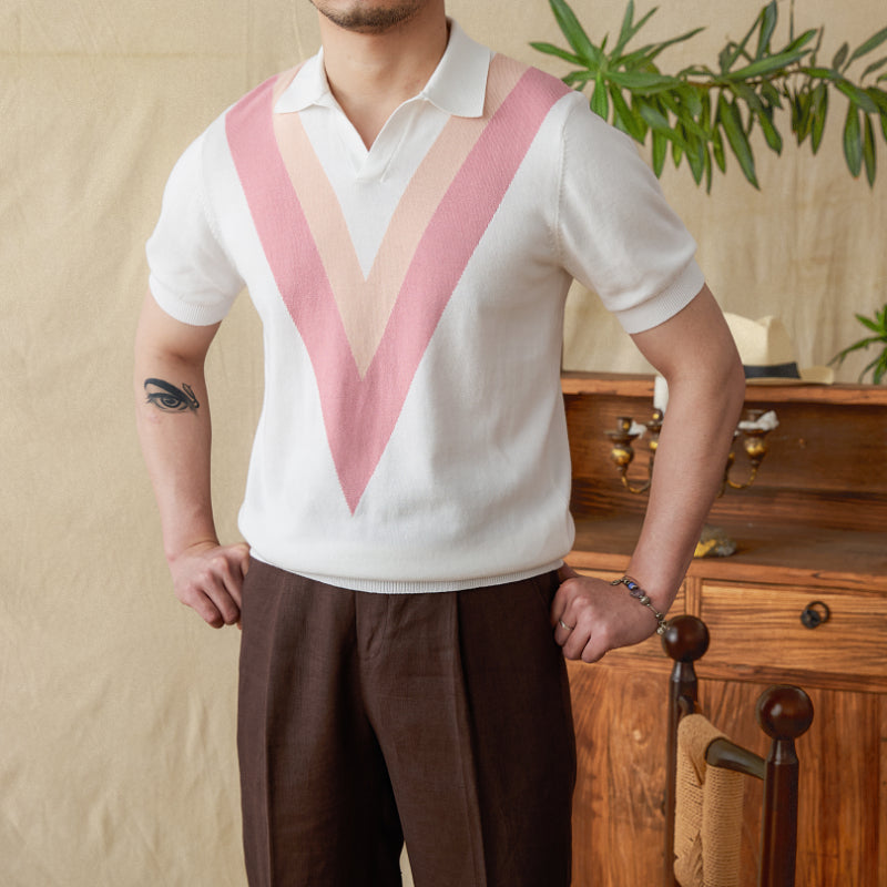 V-neck Casual Color-Block Knitted Shirt
