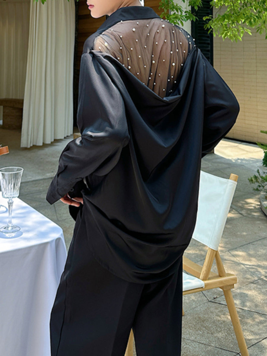 Mesh Beaded Satin Drape Shirt