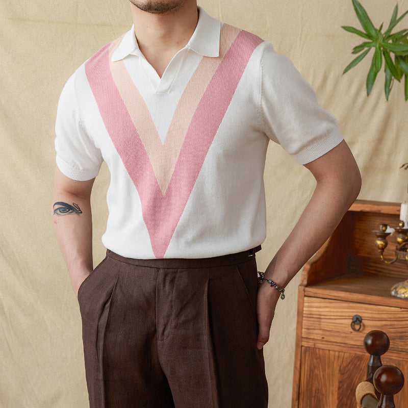 V-neck Casual Color-Block Knitted Shirt