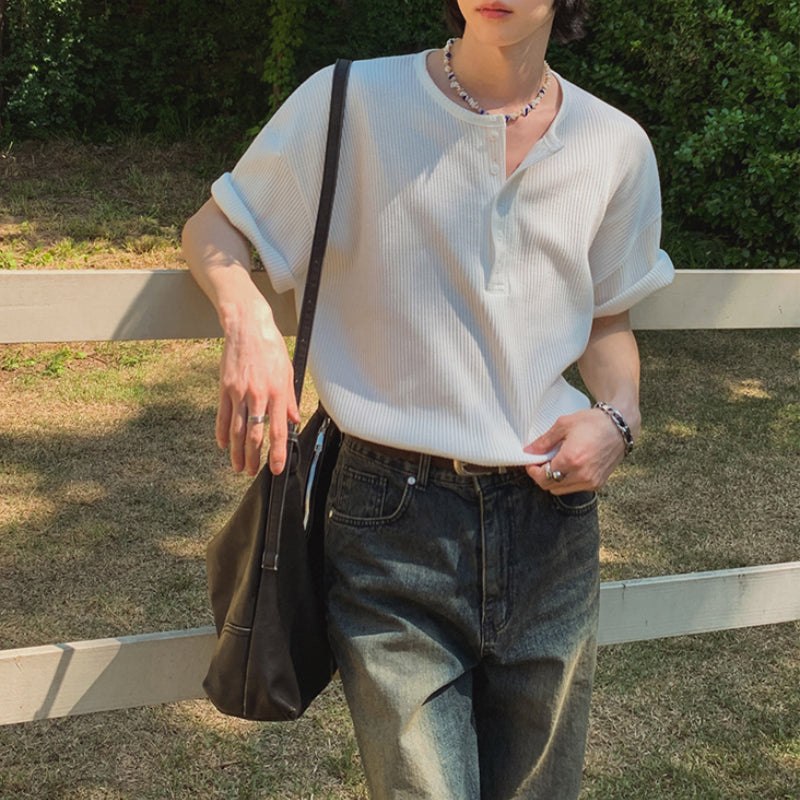 Henley Collar Loose Casual T-shirt