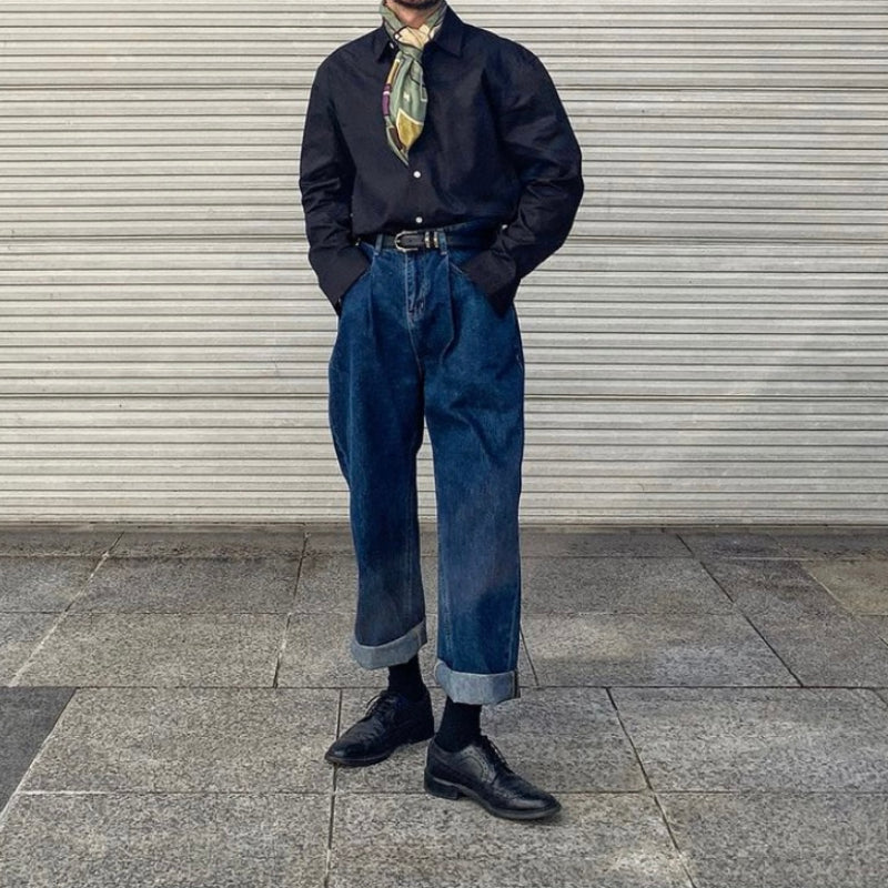 Men's Casual Retro Loose Straight Wide Leg Denim Trousers