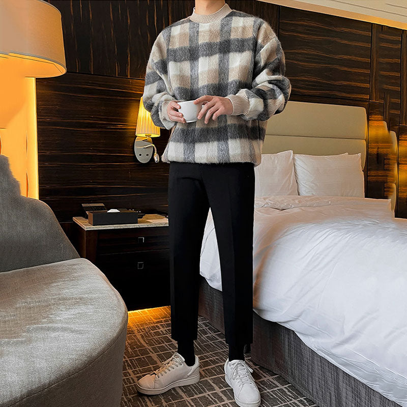 Men's Casual Plaid Color Block Round Neck Loose Sweatshirt