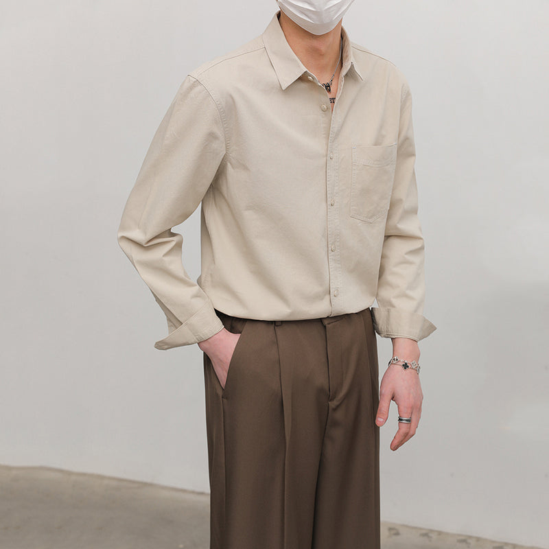 Solid Color Pointed Collar Casual Cotton Shirt