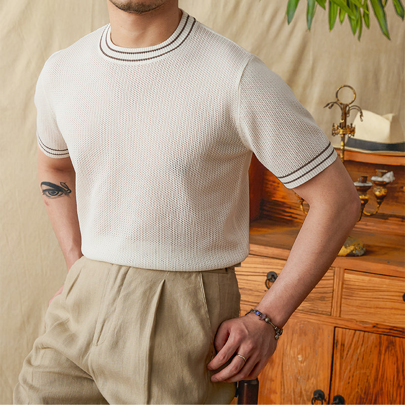 Contrast Color Round Neck Casual Hollow Shirt
