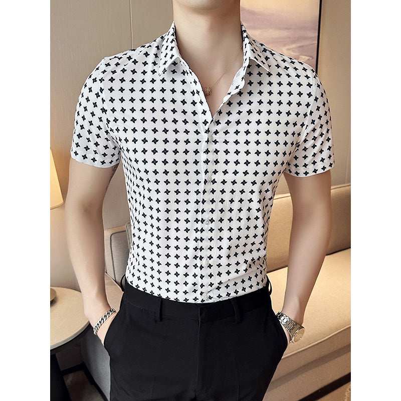 Mens Slim Fit Printed Business Short Sleeve Shirt
