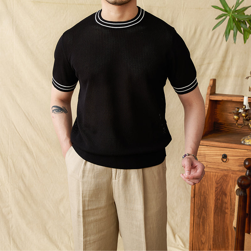 Contrast Color Round Neck Casual Hollow Shirt