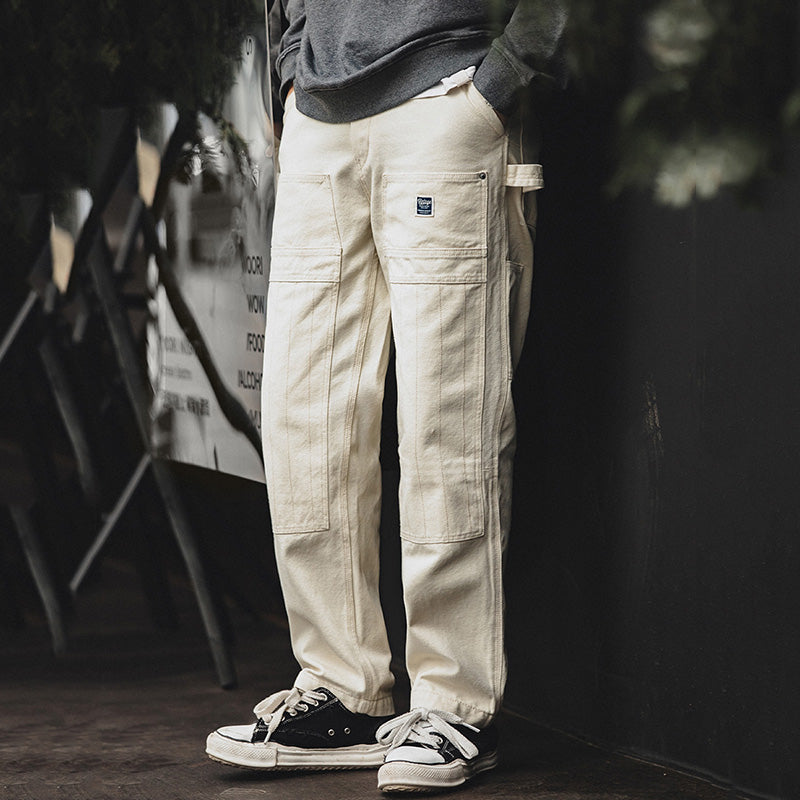 Mens Vintage Straight-leg Multi-pocket Work Jeans