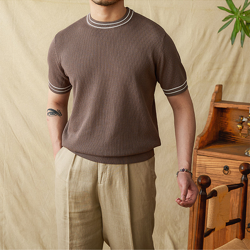 Contrast Color Round Neck Casual Hollow Shirt