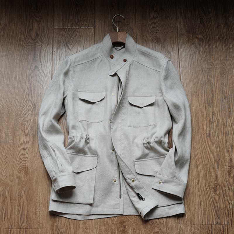 Summer 100% Linen Herringbone Unstructured Waist Trench jacket
