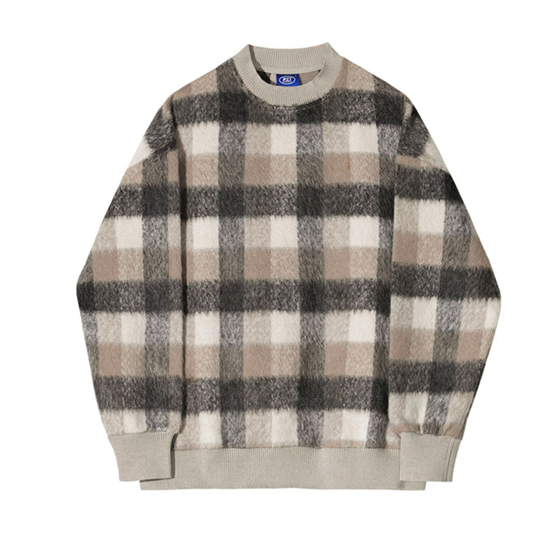 Men's Casual Plaid Color Block Round Neck Loose Sweatshirt