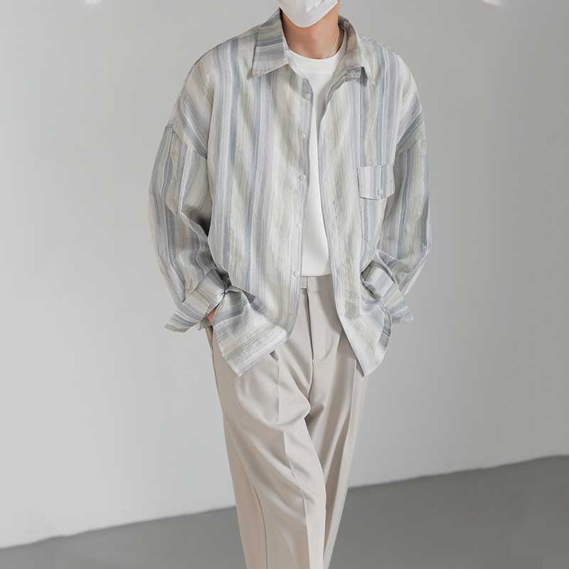 Men's Loose Striped Casual Long Sleeve Shirt