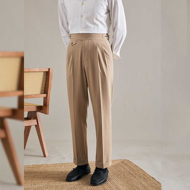 Men's Casual Retro High Waisted Pants Business Adjustable Waist Trousers