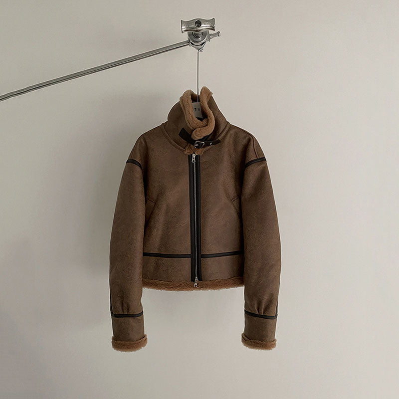 Men's Short Loose-fitting Stand-collar Faux Leather Jacket