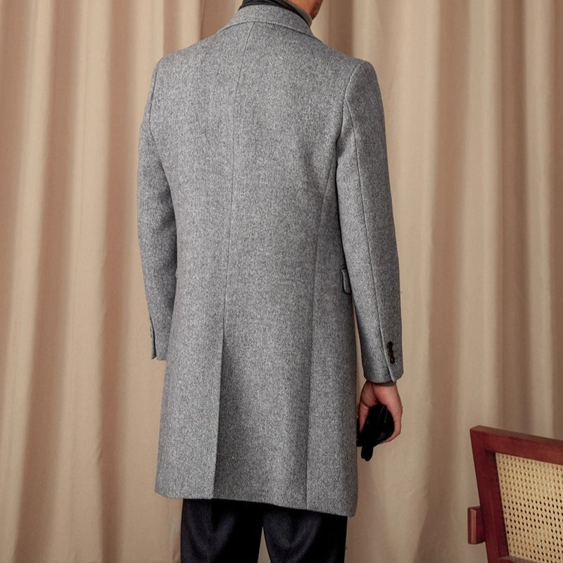 Mid-Length Double-Breasted Wool Blend Herringbone Coat