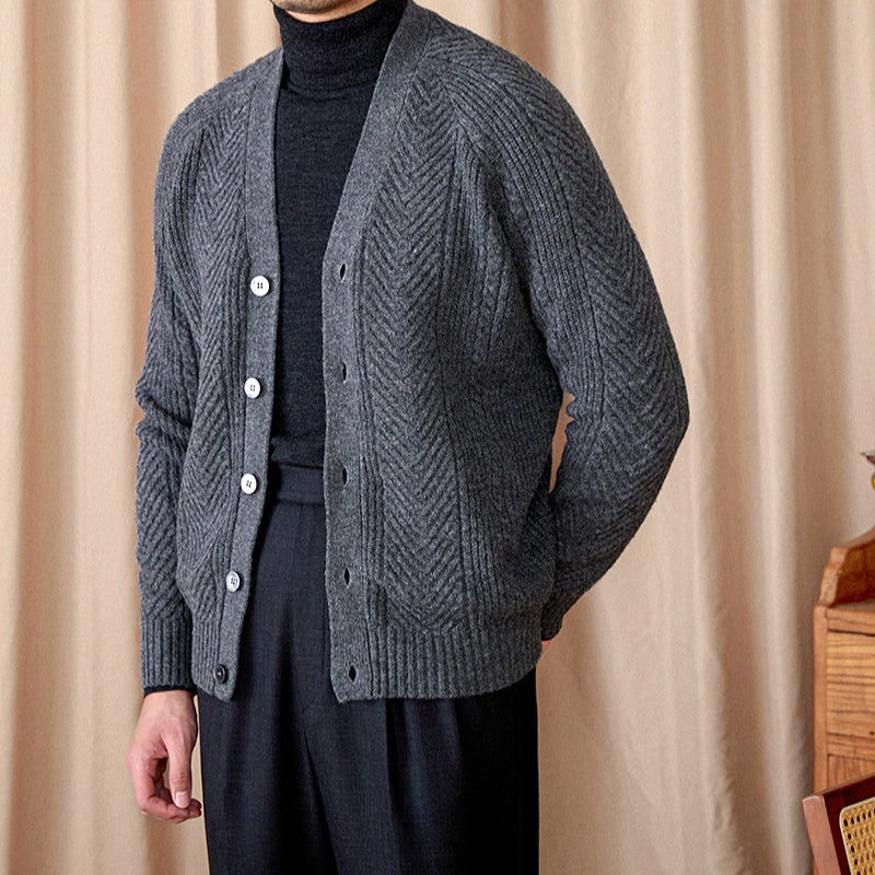 Vintage Wool Jacquard Slim Fit V-Neck Cardigan