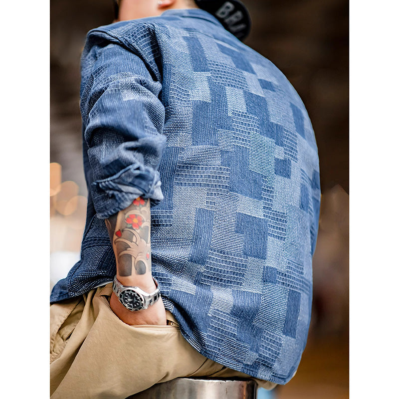 Men's Vintage Plaid Patchwork Denim Shirt