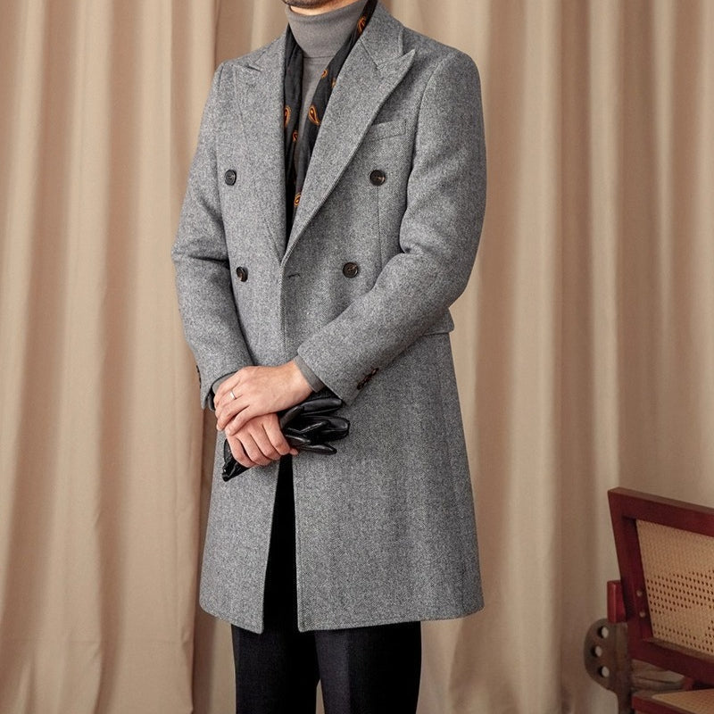 Mid-Length Double-Breasted Wool Blend Herringbone Coat