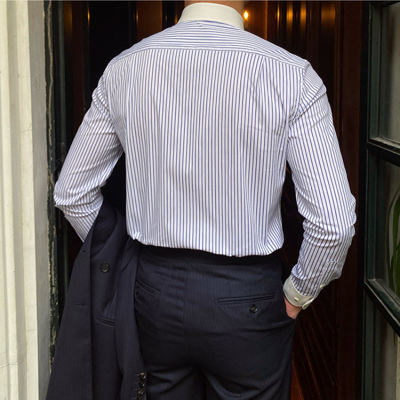 Men's Color Block Collar Slim Fit Striped Long Sleeve Shirt
