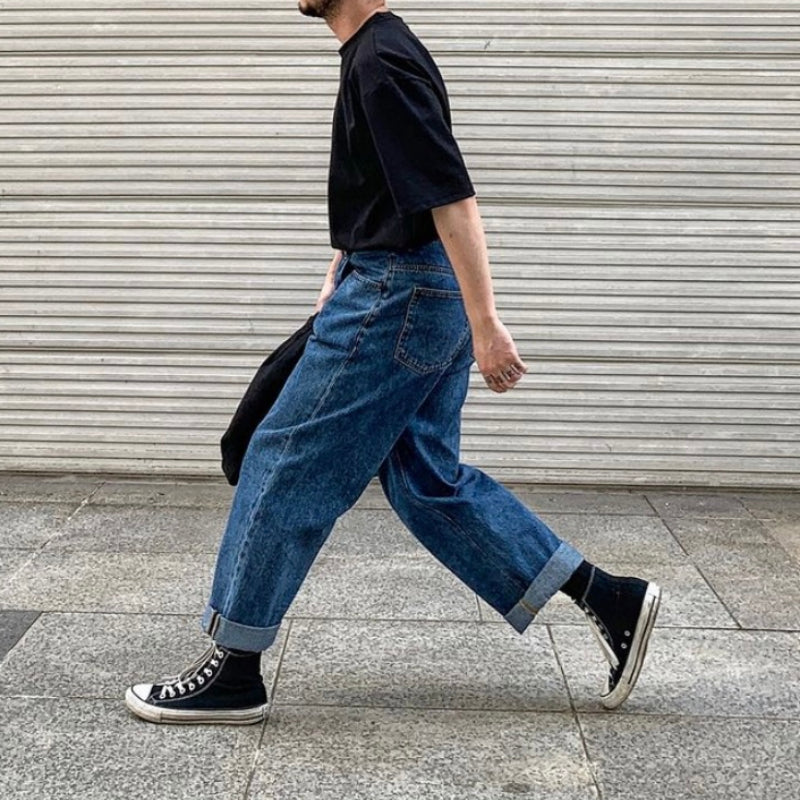 Men's Casual Retro Loose Straight Wide Leg Denim Trousers