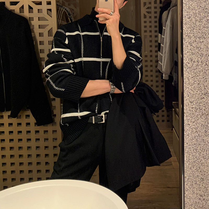 Men's Retro Lapel Plaid Loose Casual Sweater