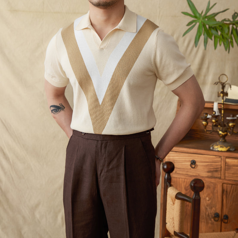 V-neck Casual Color-Block Knitted Shirt