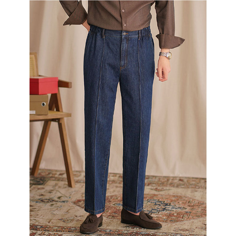 Mens Straight Casual British Business Elastic Waist Jeans
