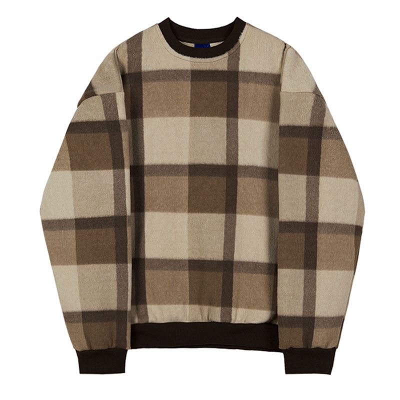 Men's Casual Round Neck Color Block Plaid Loose Sweatshirt