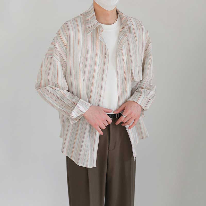 Men's Loose Striped Casual Long Sleeve Shirt