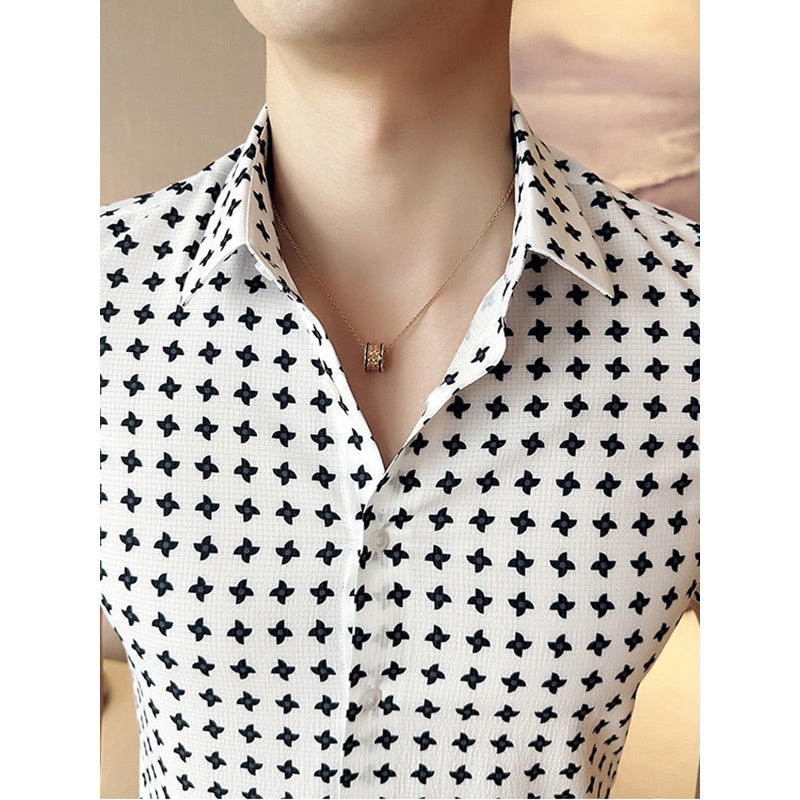 Mens Slim Fit Printed Business Short Sleeve Shirt